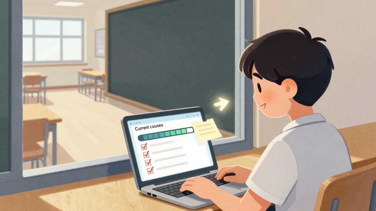 Студент смотрит на личный дашборд с прогрессом курсов, выполненными заданиями и добрым сообщением от преподавателя.