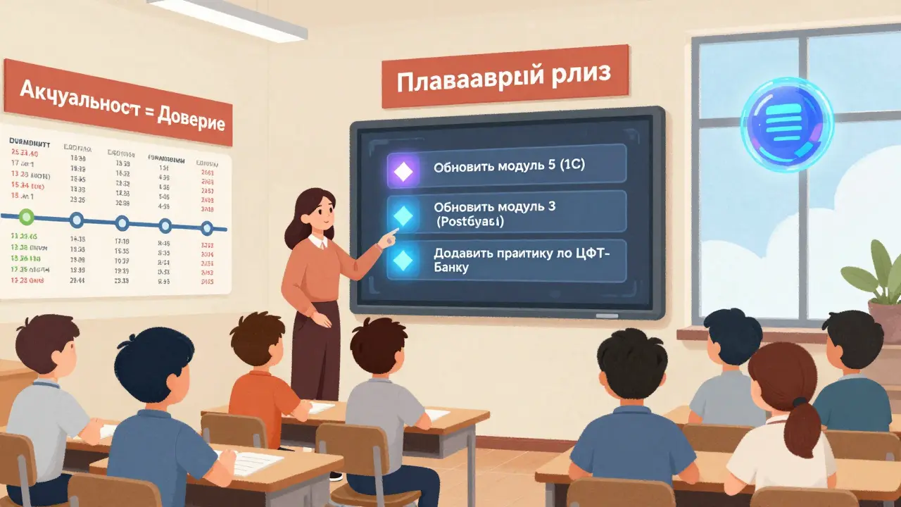 Студенты голосуют за следующее обновление курса, а на стене — временная шкала актуальных версий программного обеспечения.