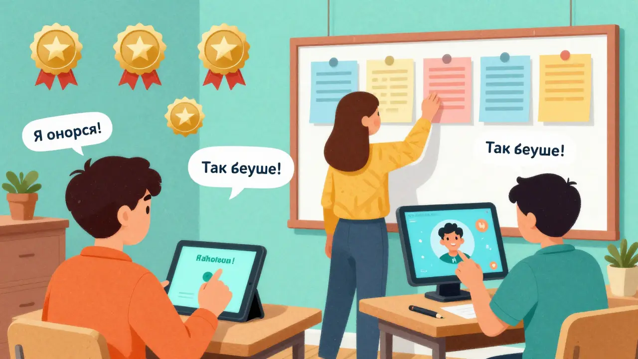 Студенты взаимодействуют с интерактивными инструментами: викториной, доской и симуляцией, вокруг — значки достижений.