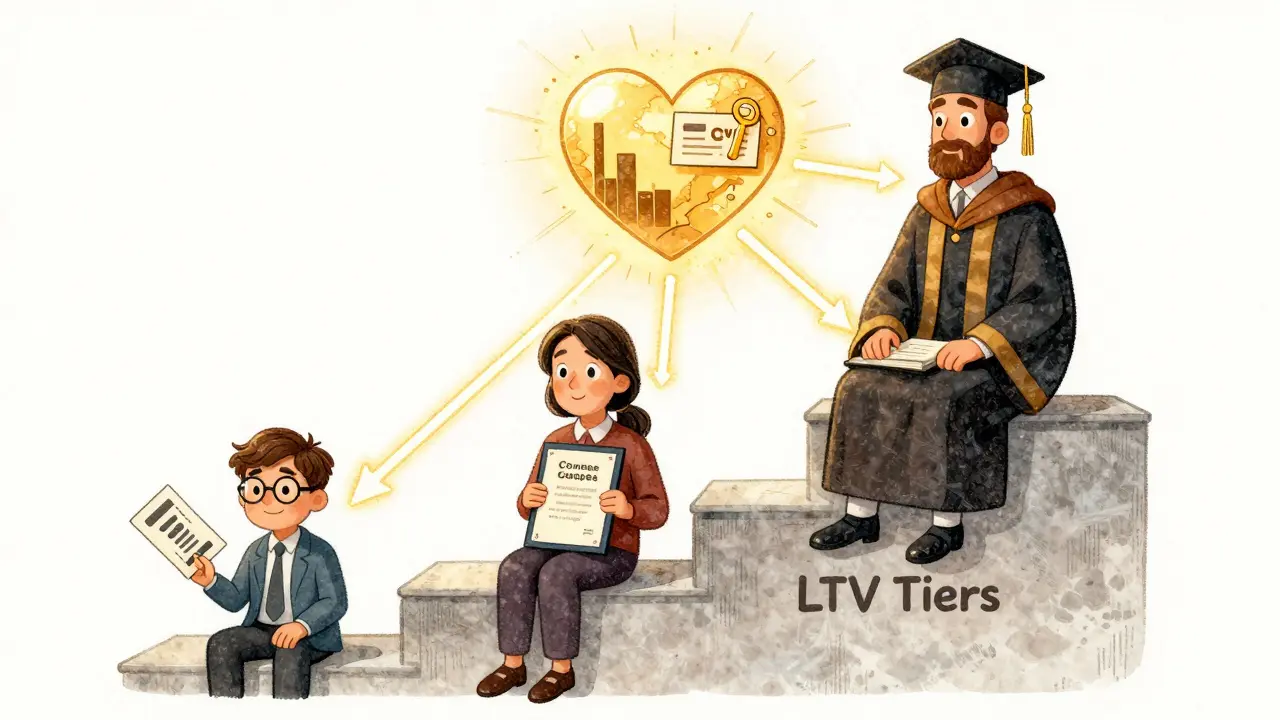 Три типа клиентов на лестнице LTV: низкий, средний и высокий, с разными уровнями взаимодействия.