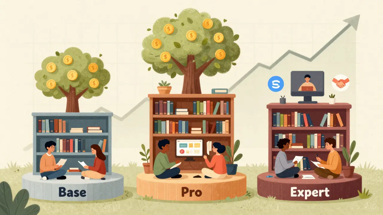 Три уровня подписки как ступени: базовый, профессиональный и экспертный, с пользователями, взаимодействующими с контентом.