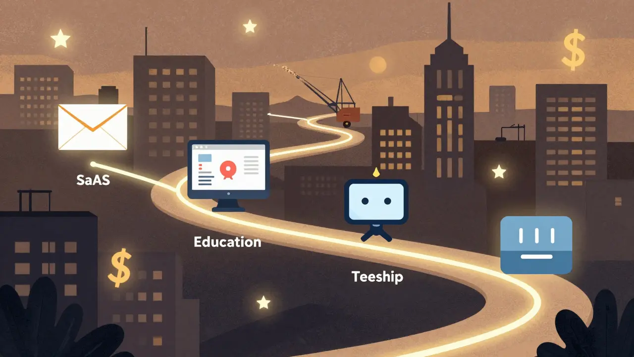 Воронка продаж в виде городского маршрута с иконками писем, чата и кнопки покупки.