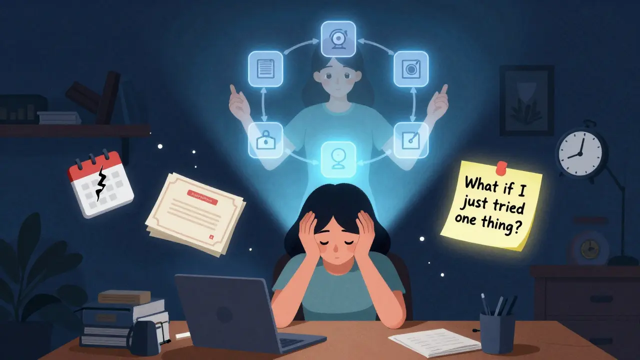 Женщина за столом, окружённая провалами, над ней — её уверенная версия с системой продаж.