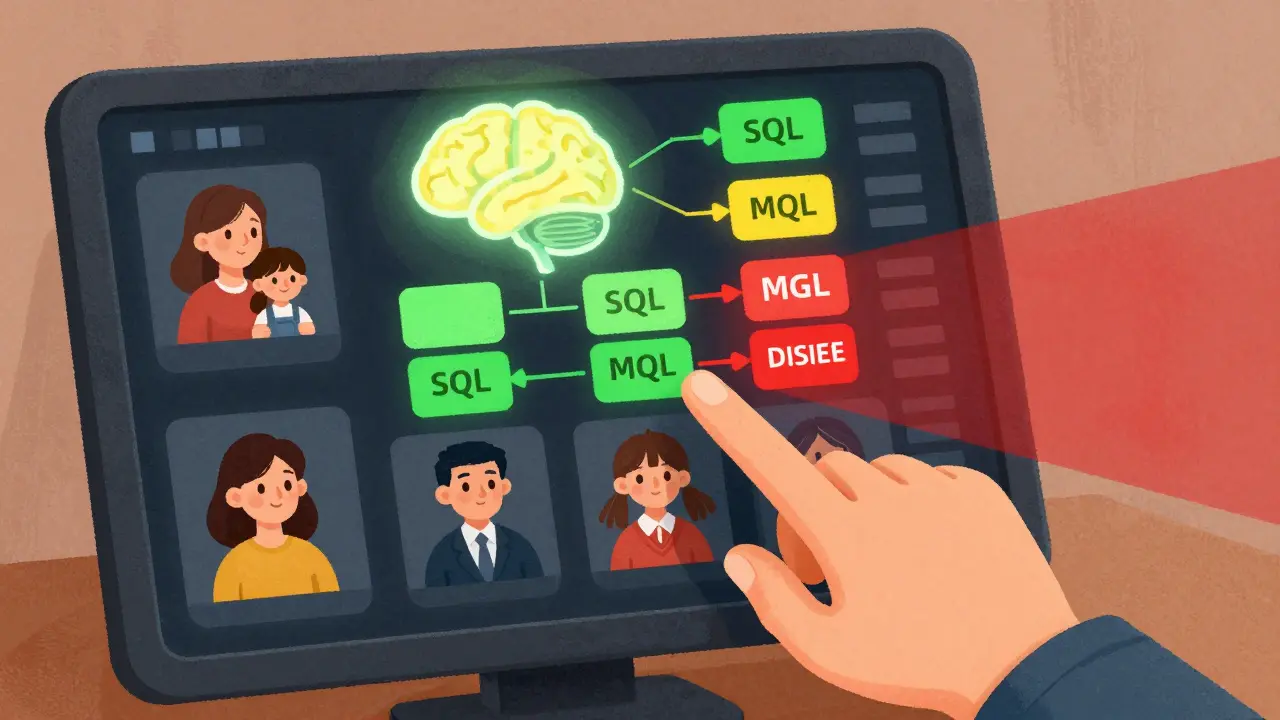 AI-анализ лидов: аватары с цветовыми метками, показывающими, кто готов купить, а кто — нет.