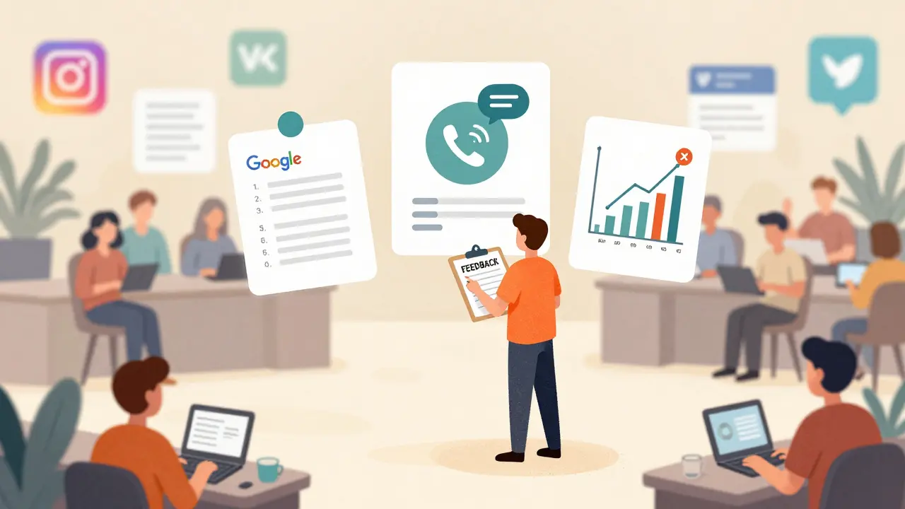 Человек собирает отзывы через форму, звонки и метрики, вокруг — 30-70 участников онлайн-курса.