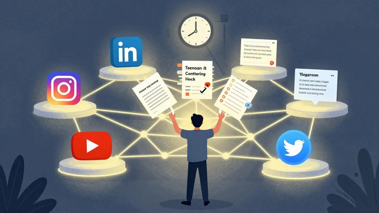 Человек выпускает фрагменты вебинара, которые превращаются в адаптированный контент для соцсетей, создавая сеть взаимодействия с аудиторией.