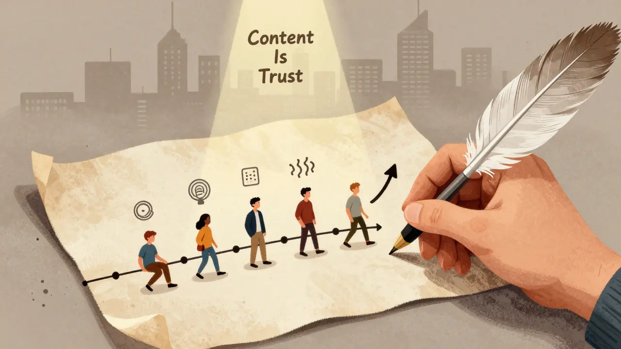 Цепочка историй роста, связанных с контентом, растущая из тумана в город профессиональных достижений.