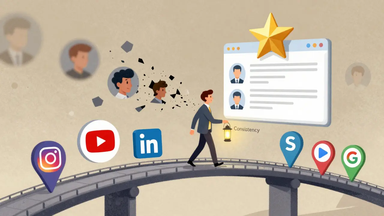 Цифровой мост из профилей ведет к панели знаний, эксперт идет по нему, оставляя за собой разрушающиеся конкурирующие профили.