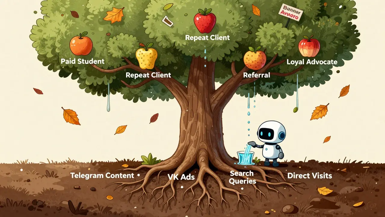 Дерево с корнями из каналов трафика, дающее плоды лояльных клиентов под наблюдением ИИ.