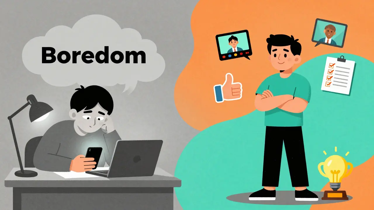 Два образа взрослого ученика: один в апатии, другой — вдохновленный и уверенный, с символами ARCS вокруг.