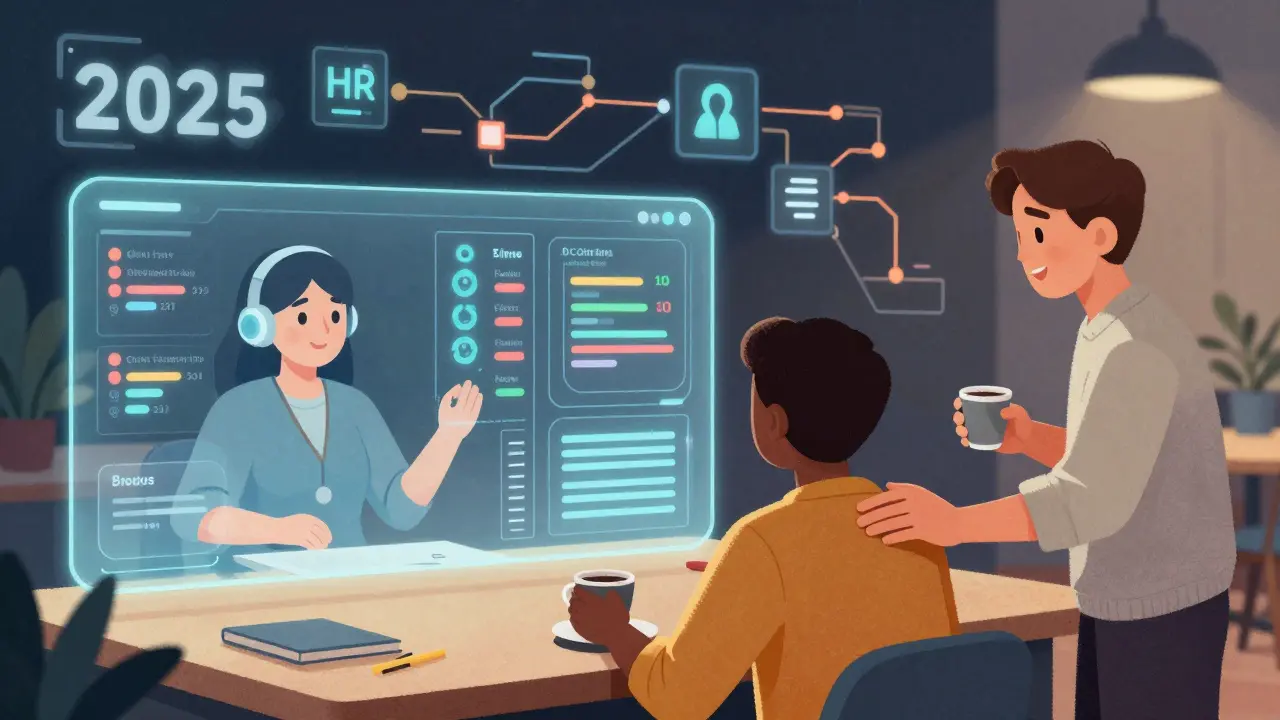 Футуристическая обучающая среда 2025 года: ИИ анализирует прогресс когорты, а наставник приглашает на неформальную встречу.