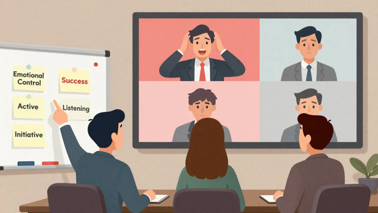 HR-оценщики анализируют три сценария поведения менеджера на доске с ключевыми компетенциями.