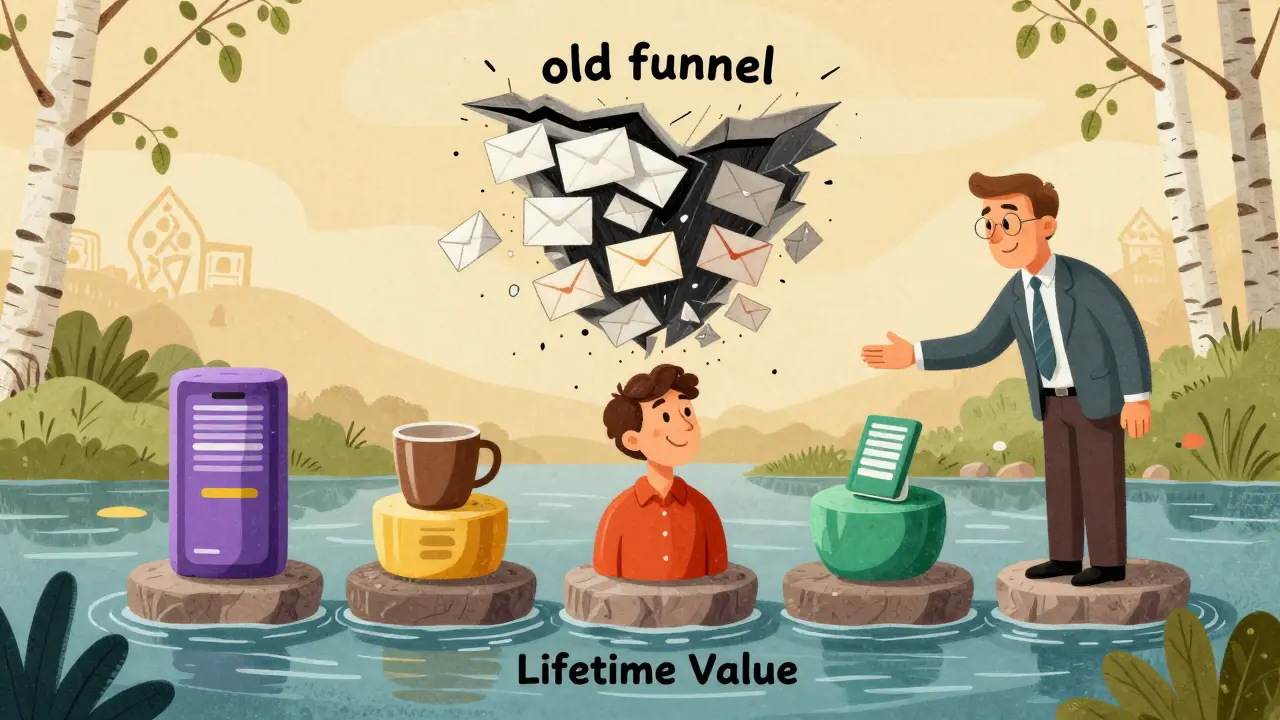 Клиент с несколькими покупками растет вместе с бизнесом, старая воронка разрушается.
