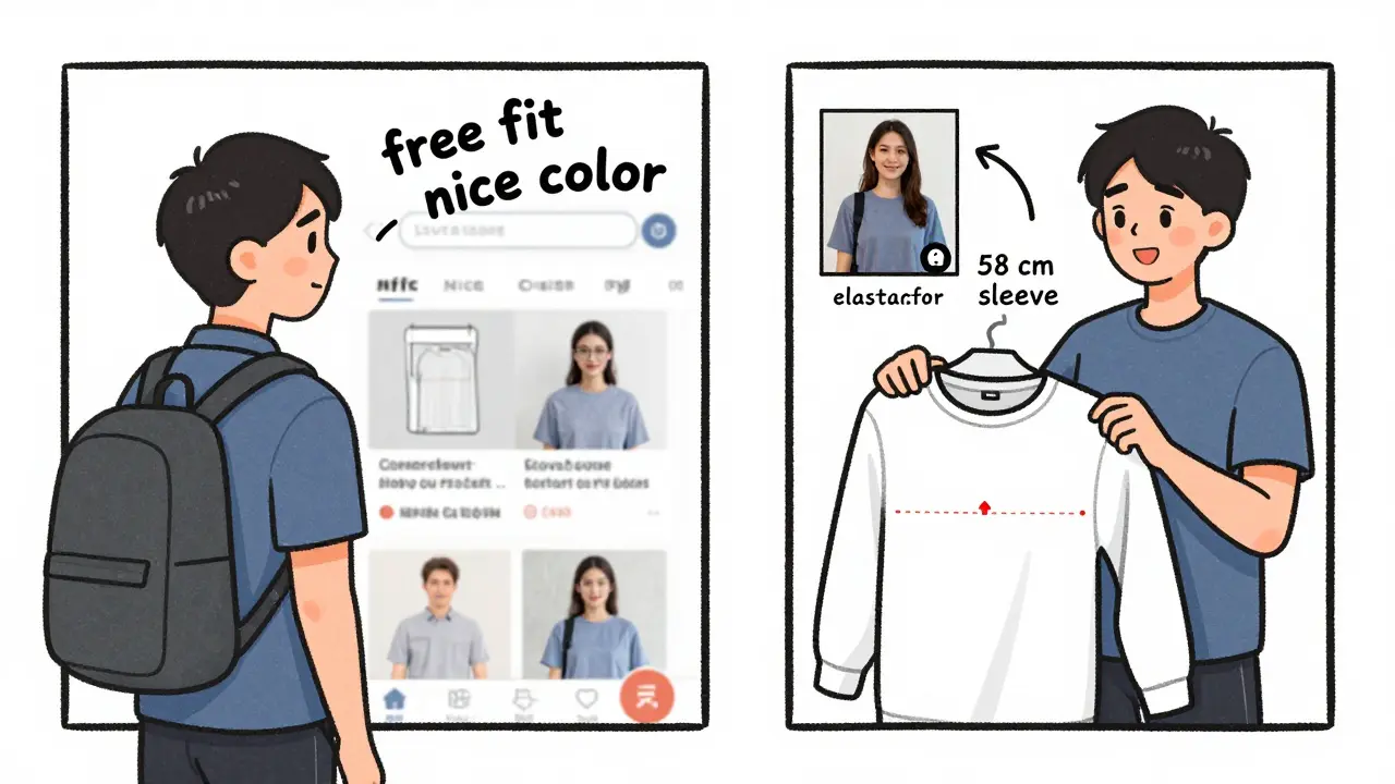 Клиент сравнивает расплывчатое описание товара с точным описанием и фото реального человека.