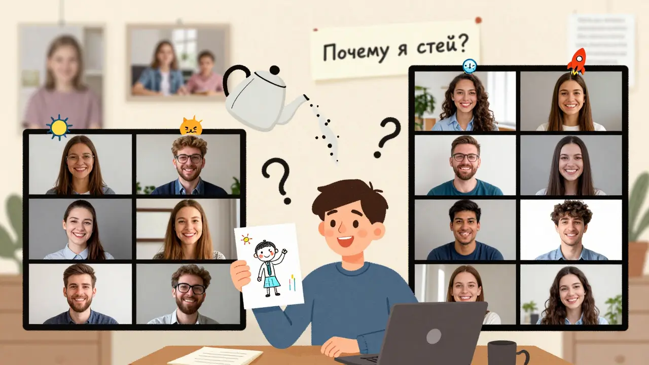 Команда на виртуальной встрече с наклейками и рисунками детей, создающая тёплую атмосферу общения.