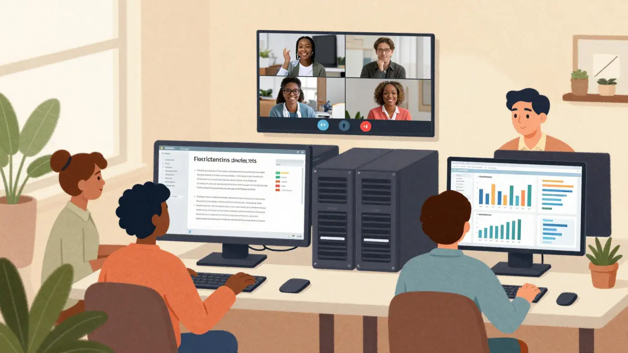 Команда онлайн-школы работает вместе: методист, куратор, техник и маркетолог в цифровом пространстве.