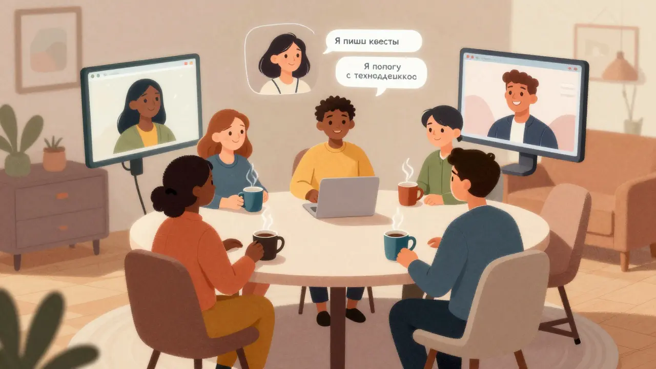 Команда онлайн-школы встречается в виртуальном кофе-чете, чтобы познакомиться и создать доверие.