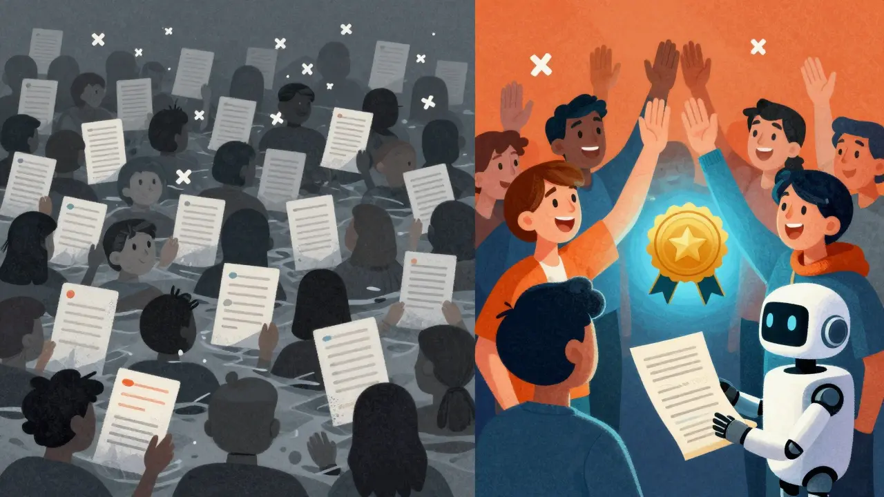 Контраст: хаос большого потока слева и успешная малая когорта справа с яркими эмоциями и поддержкой.