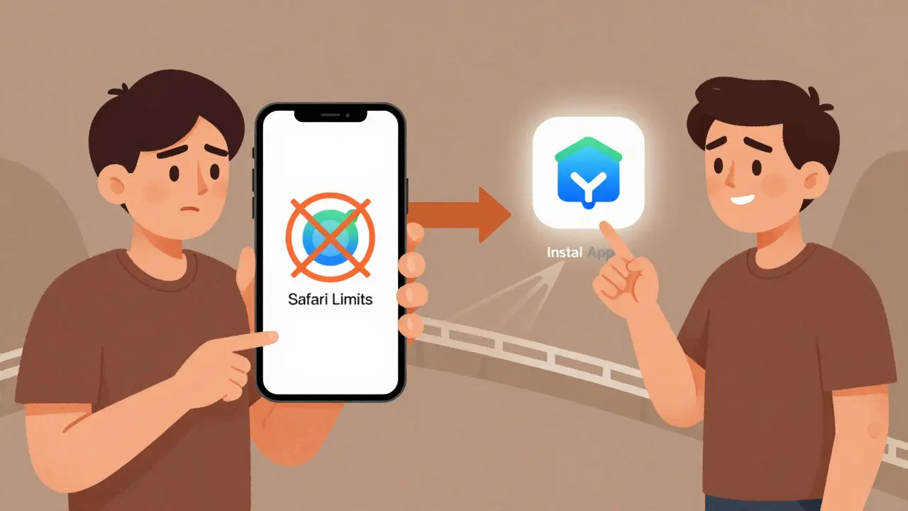 Пользователь переходит от ограничений Safari к установке нативного приложения после завершения курса.