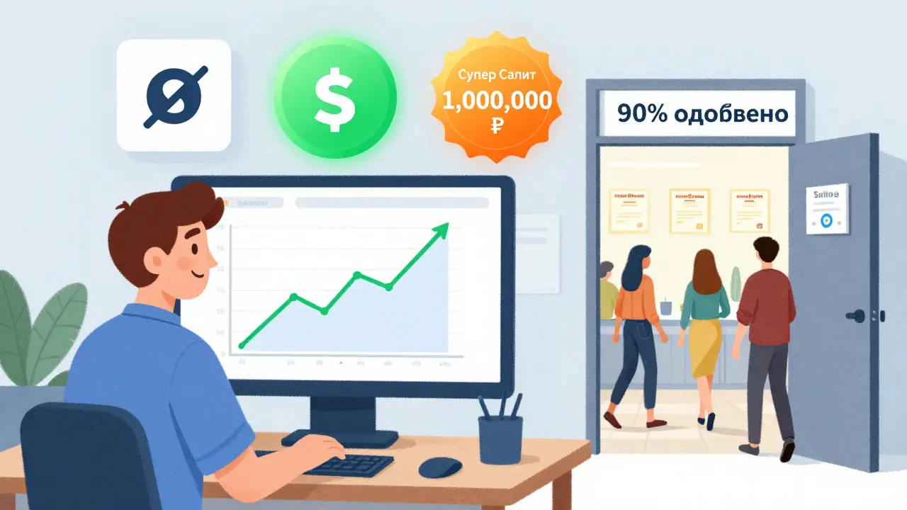 Преподаватель смотрит на растущие продажи, рядом — иконки оплаты частями и лимит в 1 млн ₽.