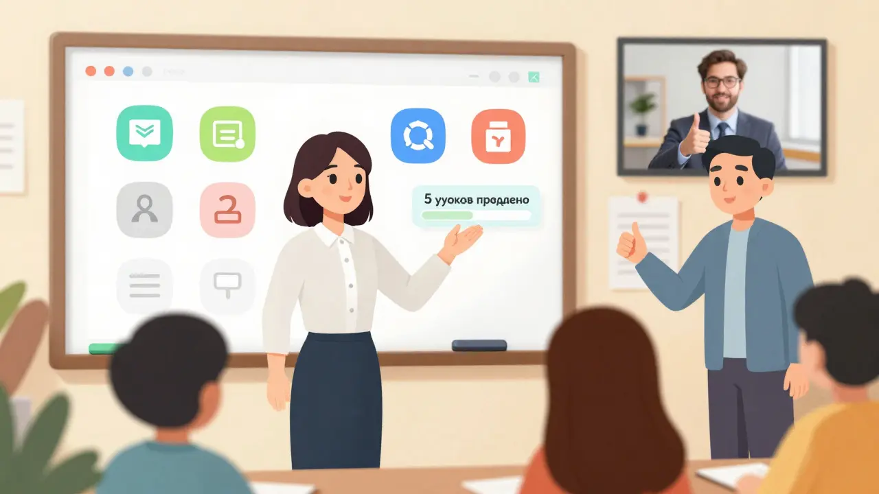 Преподаватель ведет первый урок, а наставник наблюдает за ним через видеоокно.