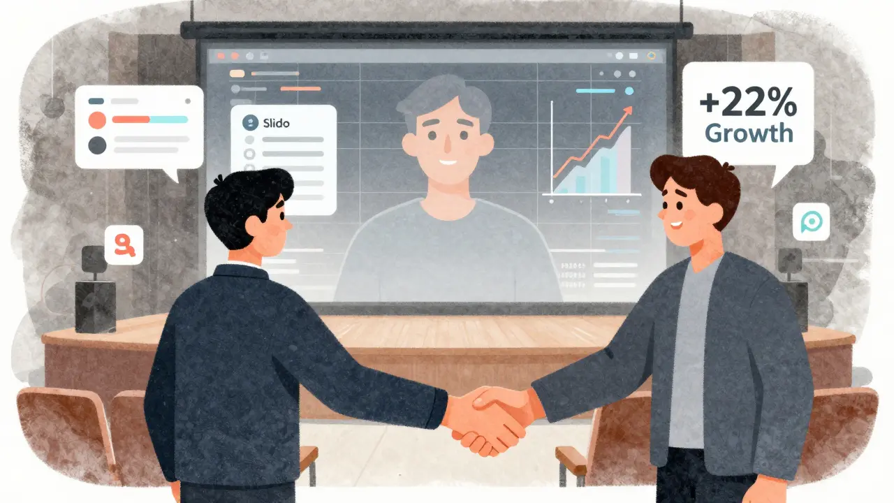 Рука пожимает руку — одна реальная, другая цифровая — на фоне индикаторов взаимодействия на конференции.