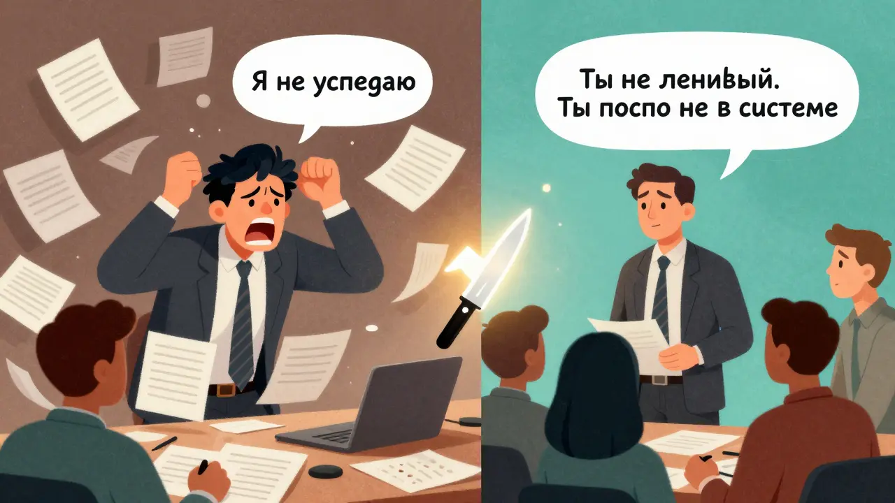 Сравнение: хаотичный стресс против спокойной команды с эмпатичным слоганом, соединённым лезвием.