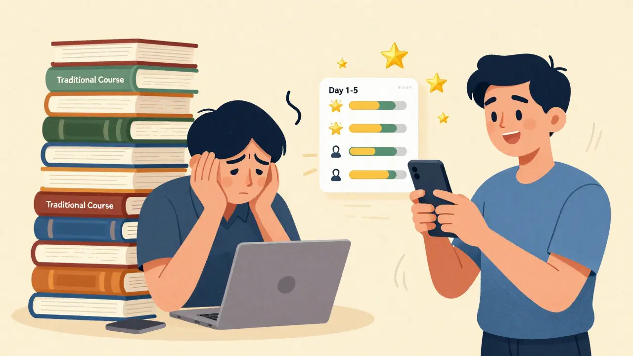 Сравнение: один человек подавлен огромной стопкой книг, другой радуется, проходя короткие уроки на телефоне.