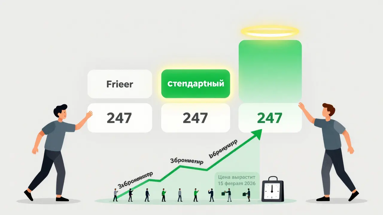Три тарифа в воздухе, средний выделен зеленым, вокруг — люди выбирают, а таймер показывает дату повышения цены.