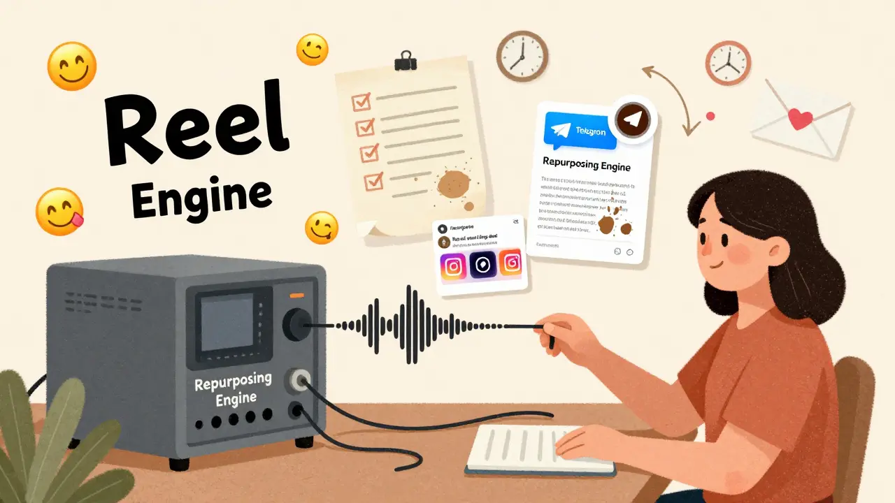 Женщина использует инструменты для переработки аудио в разные форматы контента: Reels, чек-лист, статью, карусель и письмо.