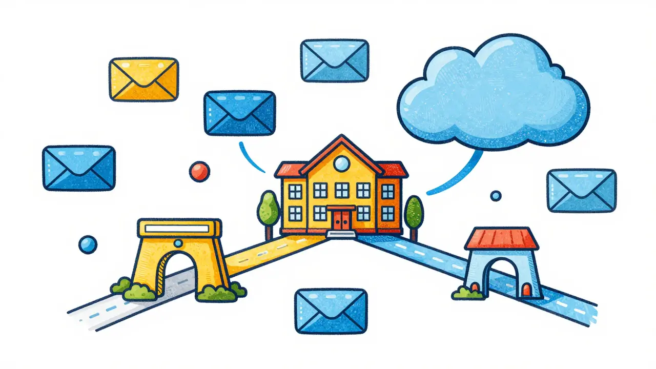 Абстрактная схема связи между школой и облачными почтовыми сервисами.