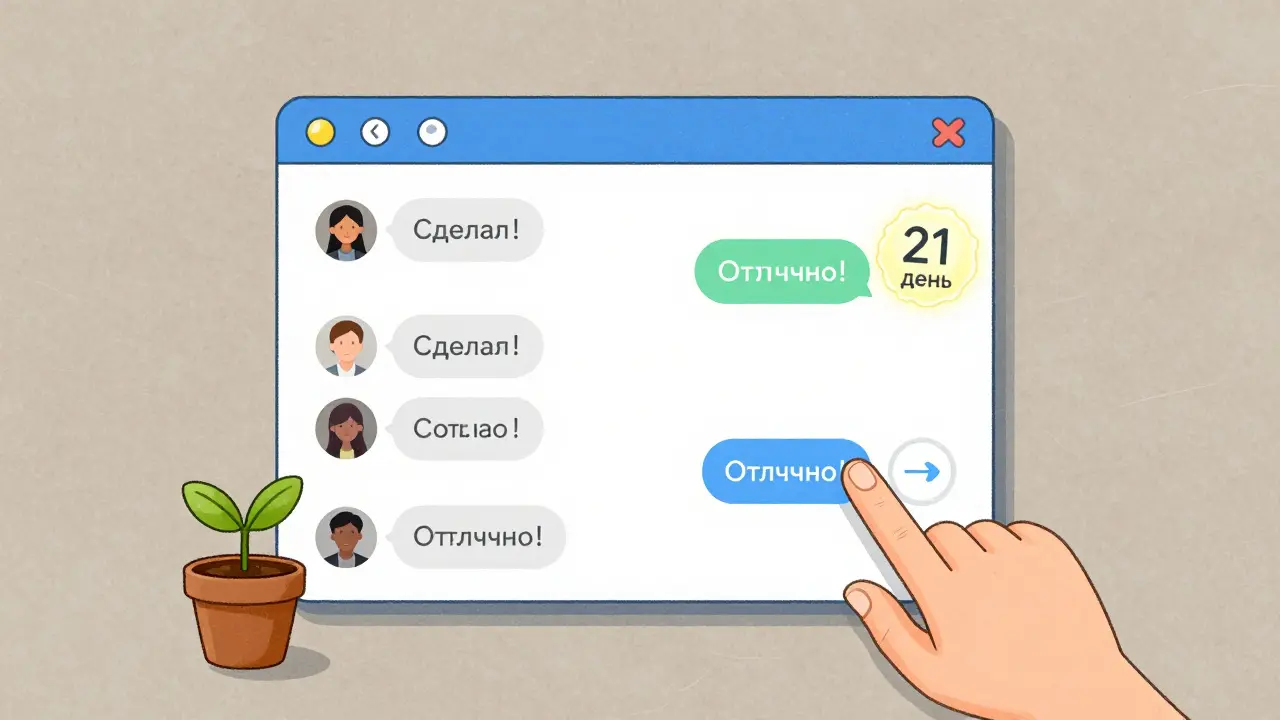 Чат в Telegram с участниками марафона, отправляющими простые сообщения, и растущим растением как символ прогресса.