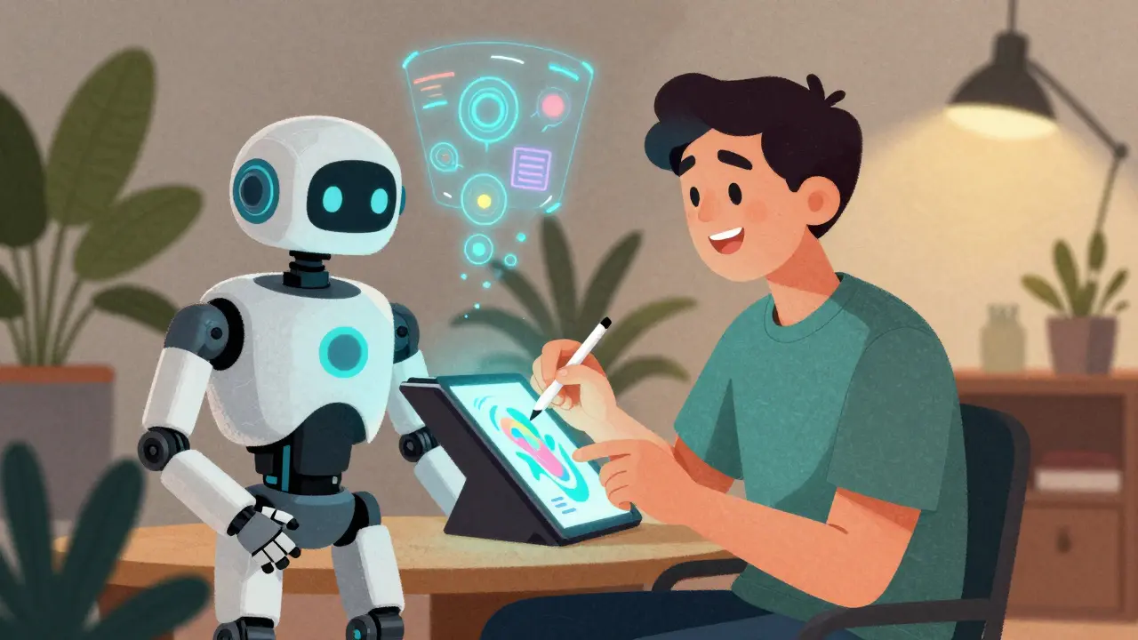 Человек и робот создают контент вместе в уютной комнате