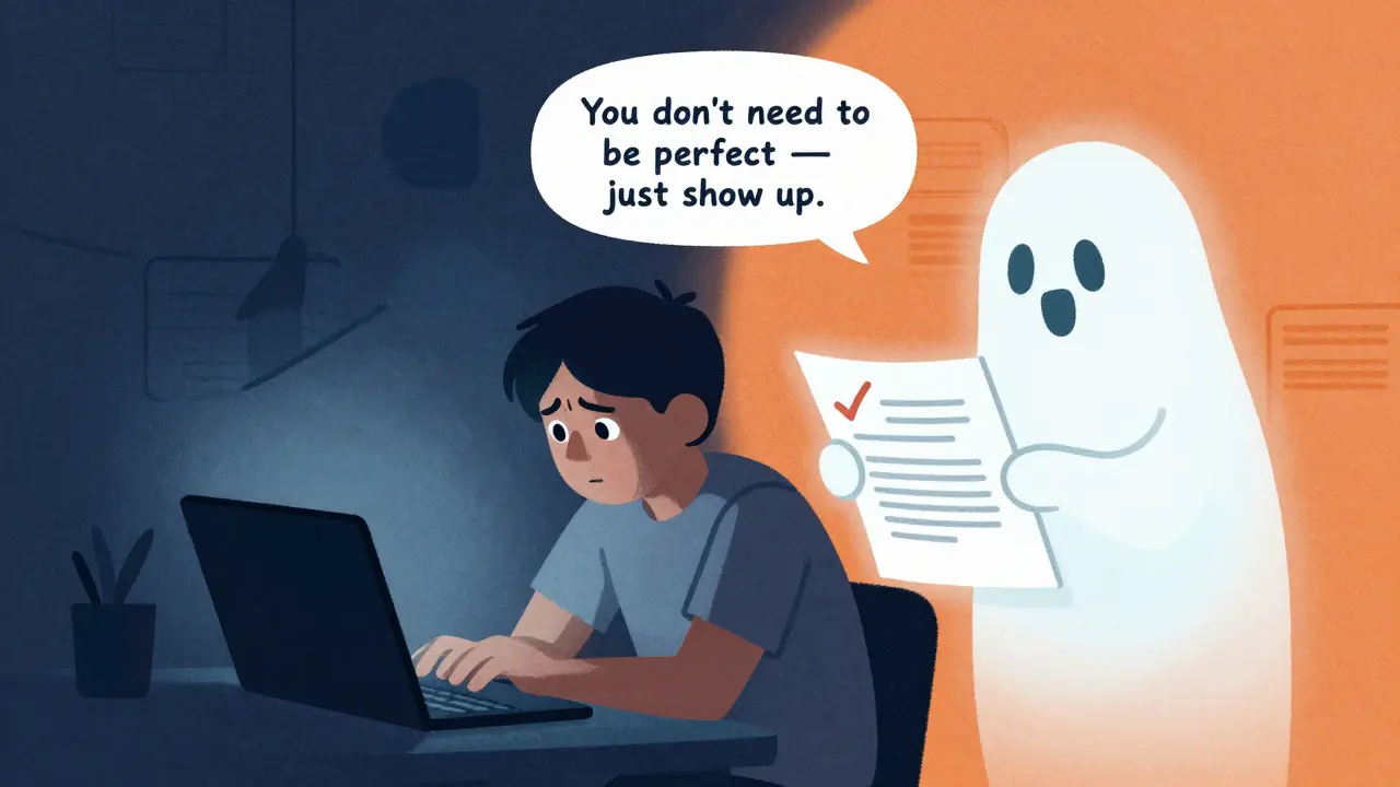 Человек сидит за компьютером в одиночестве, а рядом с ним светящаяся версия его прошлого себя с исправленным текстом и поддержкой.