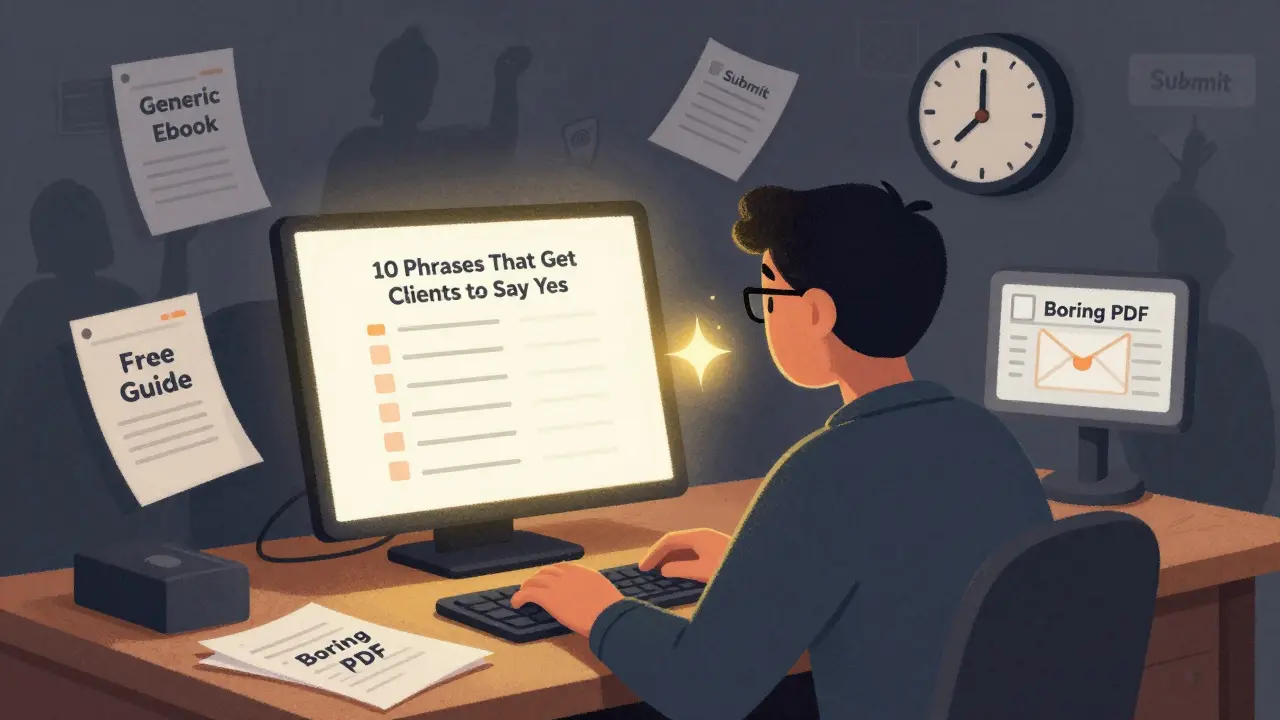 Человек смотрит на экран, где один полезный чек-лист вызывает вспышку, а остальные бумаги остаются без внимания.