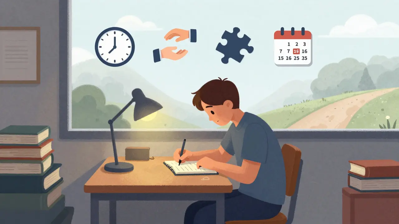 Человек ведет дневник практики с четырьмя символами: время, объяснение другому, задача и календарь с днями повторения.