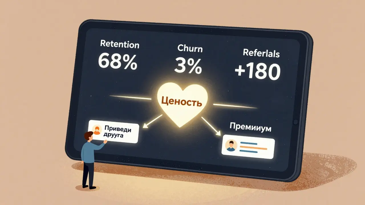 Цифровая панель с метриками удержания и рефералов, где подписчики анимированно взаимодействуют с системой.