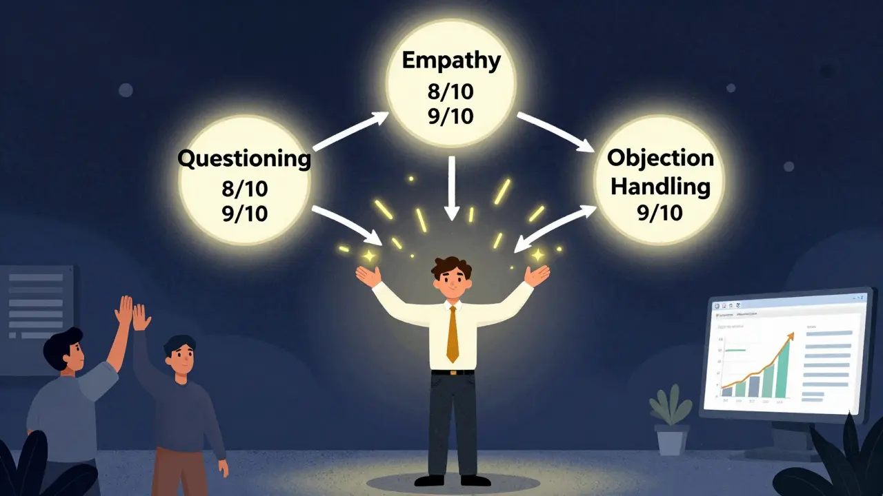 Дерево навыков менеджера с персональными метриками роста, светящиеся листья показывают прогресс в эмпатии и вопросах.