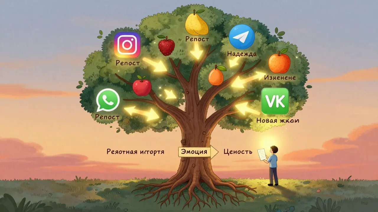 Дерево репостов с плодами надежды и изменений, растущее из реальных историй.