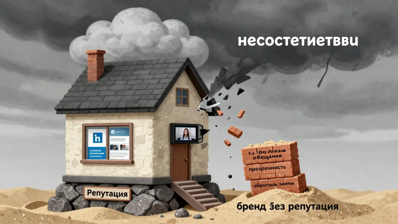 Дом на прочном фундаменте репутации с окнами, показывающими экспертный контент, рядом — рушащаяся хрупкая конструкция из иллюзий.