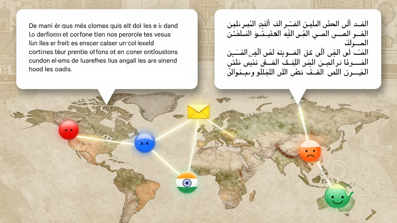 Глобальная карта с почтовыми потоками между странами, каждая с уникальными цветами кнопок и форматами текста.