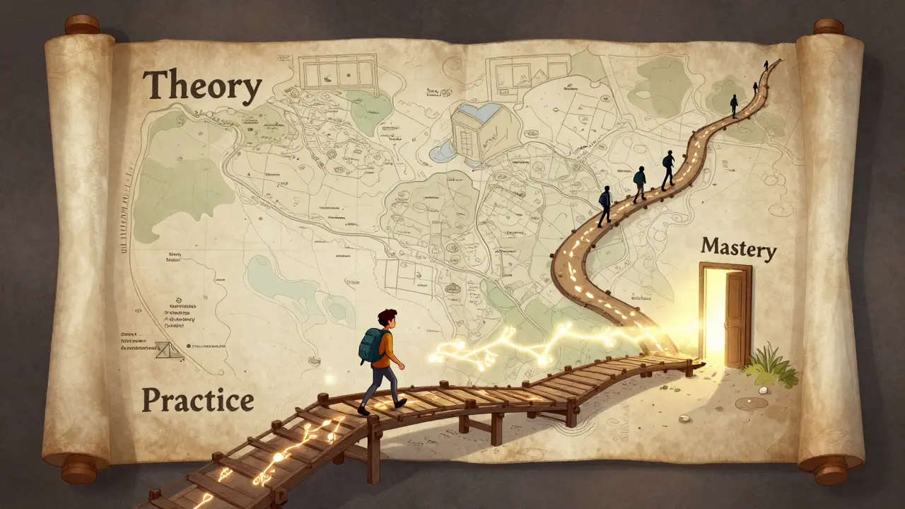Карта теории пуста, а человек идет по тропе практики, оставляя светящиеся следы, ведущие к двери мастерства.
