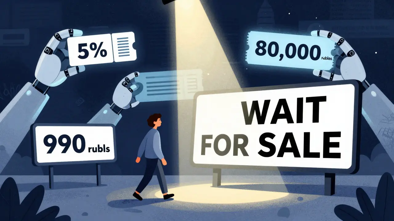 Клиент идёт к дорогому курсу, но его останавливает знак 'Ждите скидки', пока роботизированные руки AI предлагают персонализированные бонусы.
