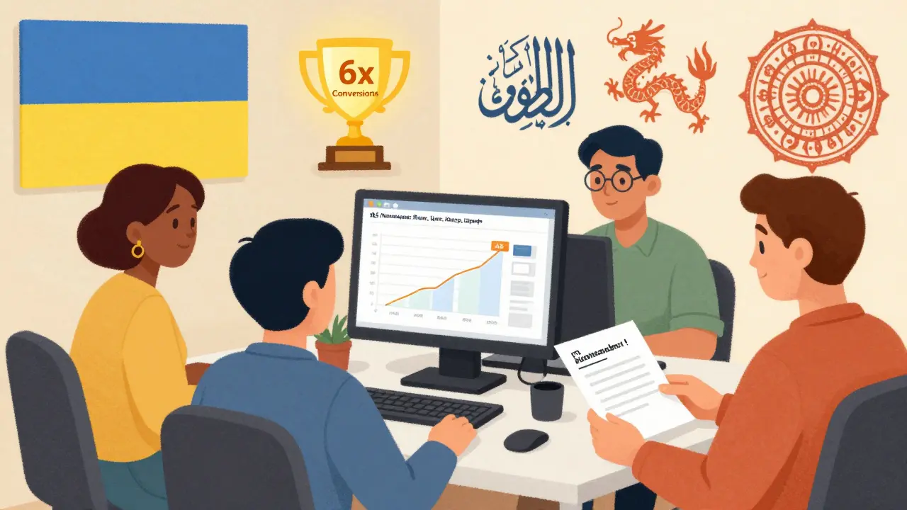 Команда в офисе тестирует локализованные email-рассылки, на мониторе растут показатели открытости и конверсии.