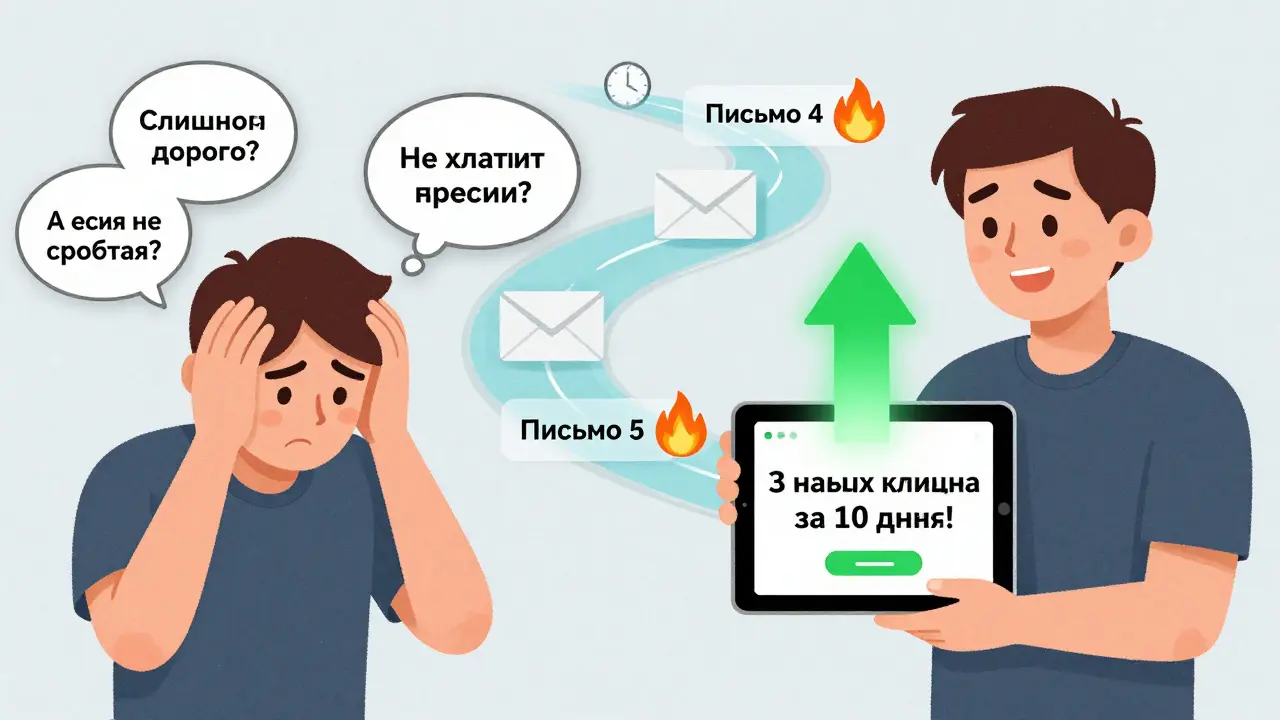 Люди с разными мыслями о покупке: сомнения слева, успех справа, письма текут как река.