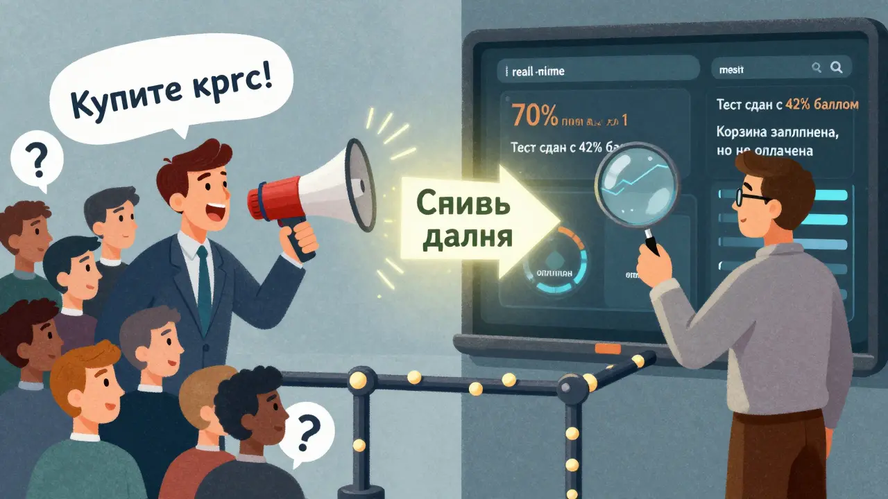 Маркетолог и учитель смотрят на разные данные, соединённые мостом из аналитики.