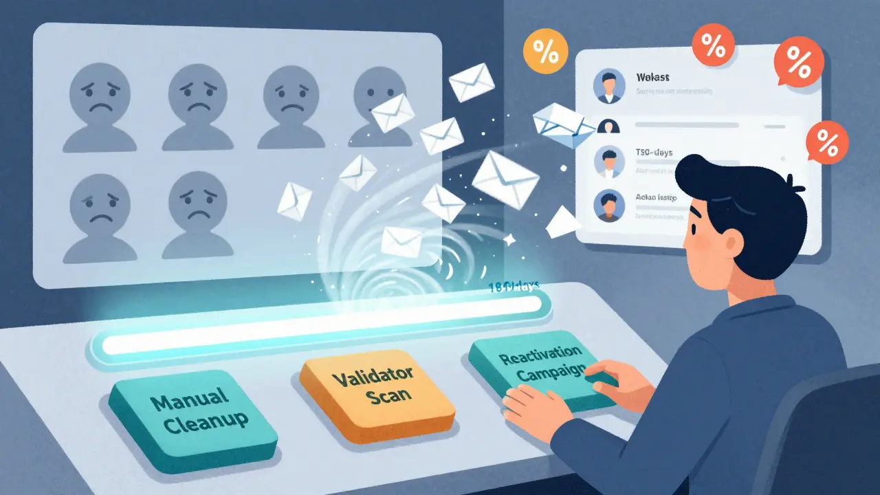 Маркетолог на панели управления с тремя кнопками очистки, на фоне — активные и неактивные подписчики.