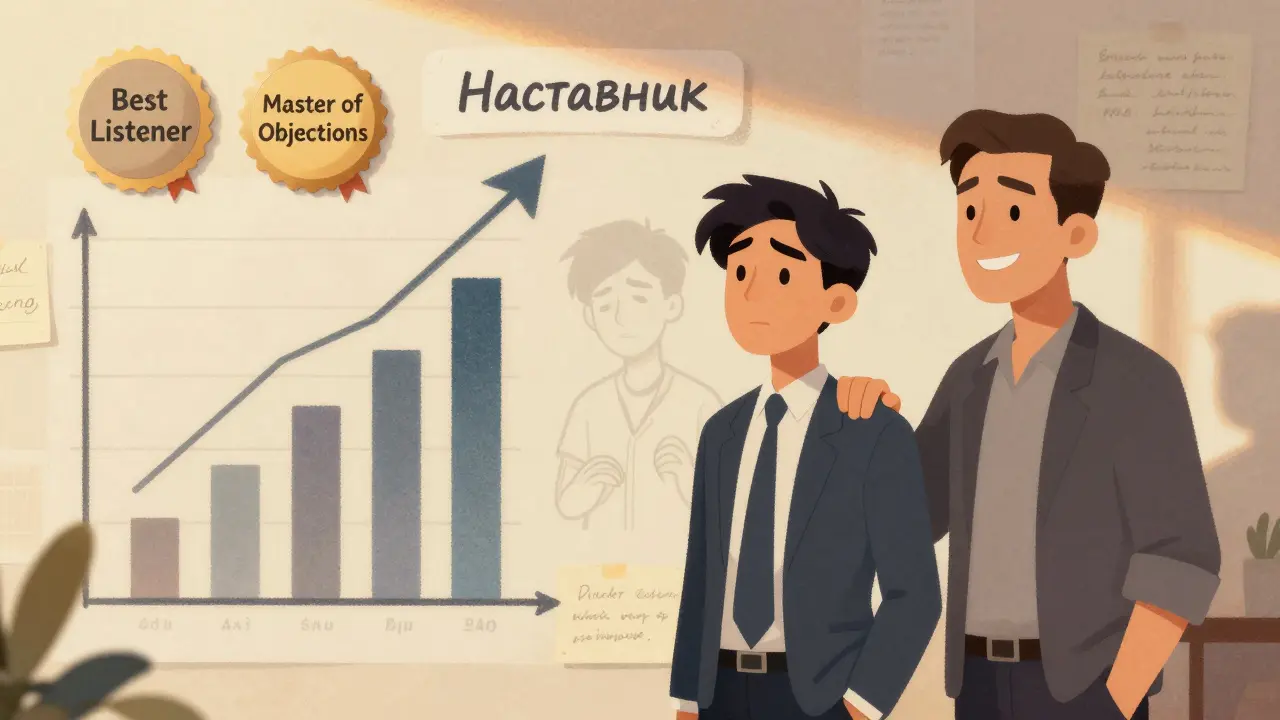 Менеджер смотрит на диаграммы роста своих навыков, путь к наставнику светится за ним, наставник стоит рядом.