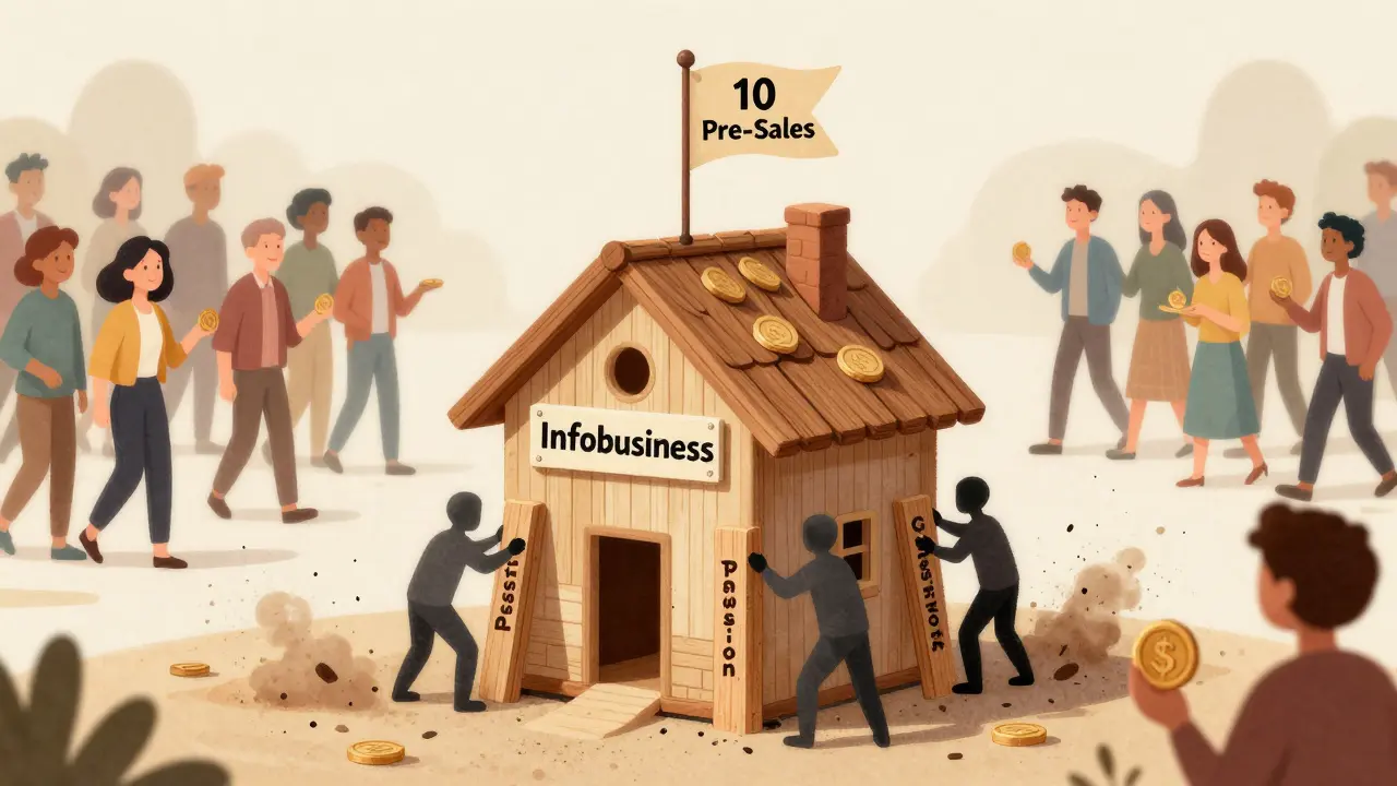 Небольшой дом инфобизнеса стоит на пяти прочных столбах, вокруг — рушащиеся попытки других, люди идут к нему с монетами.