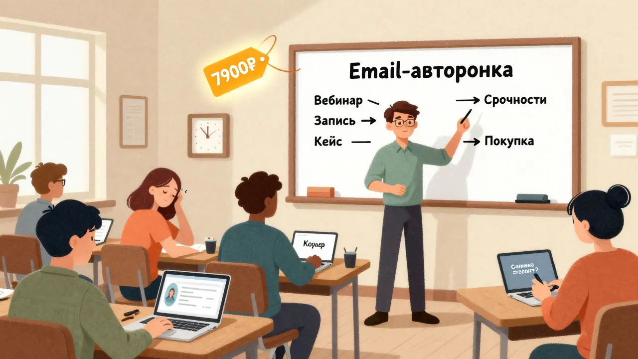 Преподаватель объясняет воронку на доске, студенты по-разному реагируют на письма и цену.